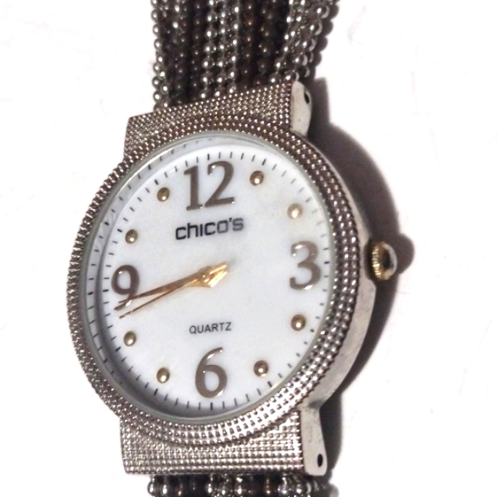 CHICO'S KERRIANNE ROUND FACE QUARTZ TINY BLACK AND SILVER BEADED BAND 7" WATCH - Picture 3 of 10